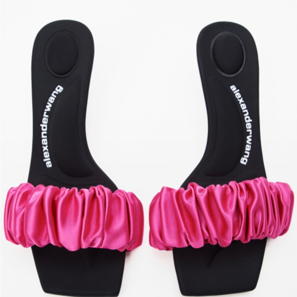 Hot pink satin square toe kitten heel slides